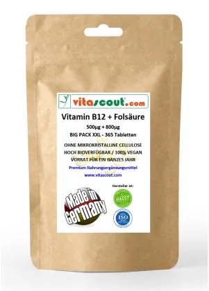 VITAMIN B12 500g + FOLSURE aktiv 800g mcg - 365 vegane Tabletten - Vitamin B9