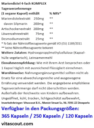 Mariendistel 4-fach-Komplex Kapseln - hochdosiert 365 Kapseln fr 1 ganzes Jahr: Mariendistel, Artischocke, Lwenzahn, Desmodium - Leberfunktion - 200 mg Silymarin pro Tag