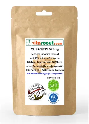 Quercetin 525mg mit 95% reinem Quercetin - 270 vegane Kapseln - MADE IN GERMANY - ohne Zusatzstoffe - Laborgeprft