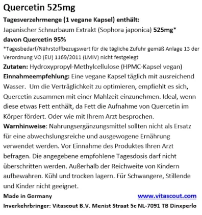 Quercetin 525mg mit 95% reinem Quercetin - 270 vegane Kapseln - MADE IN GERMANY - ohne Zusatzstoffe - Laborgeprft